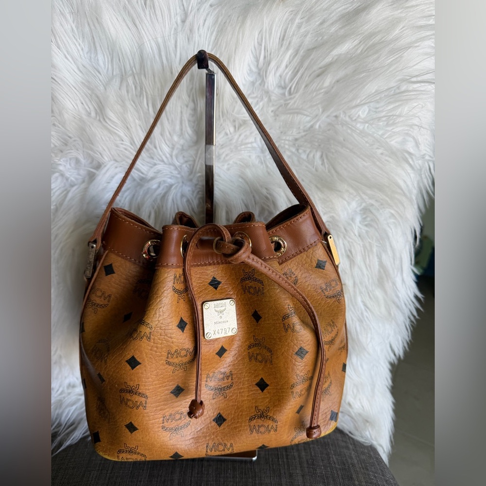 MCM Cognac Monogram Drawstring Bucket Shoulder Bag